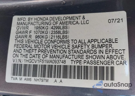 2021 Honda Accord Ex-L z USA, uszkodzony, nr VIN 1HGCV1F51MA093748